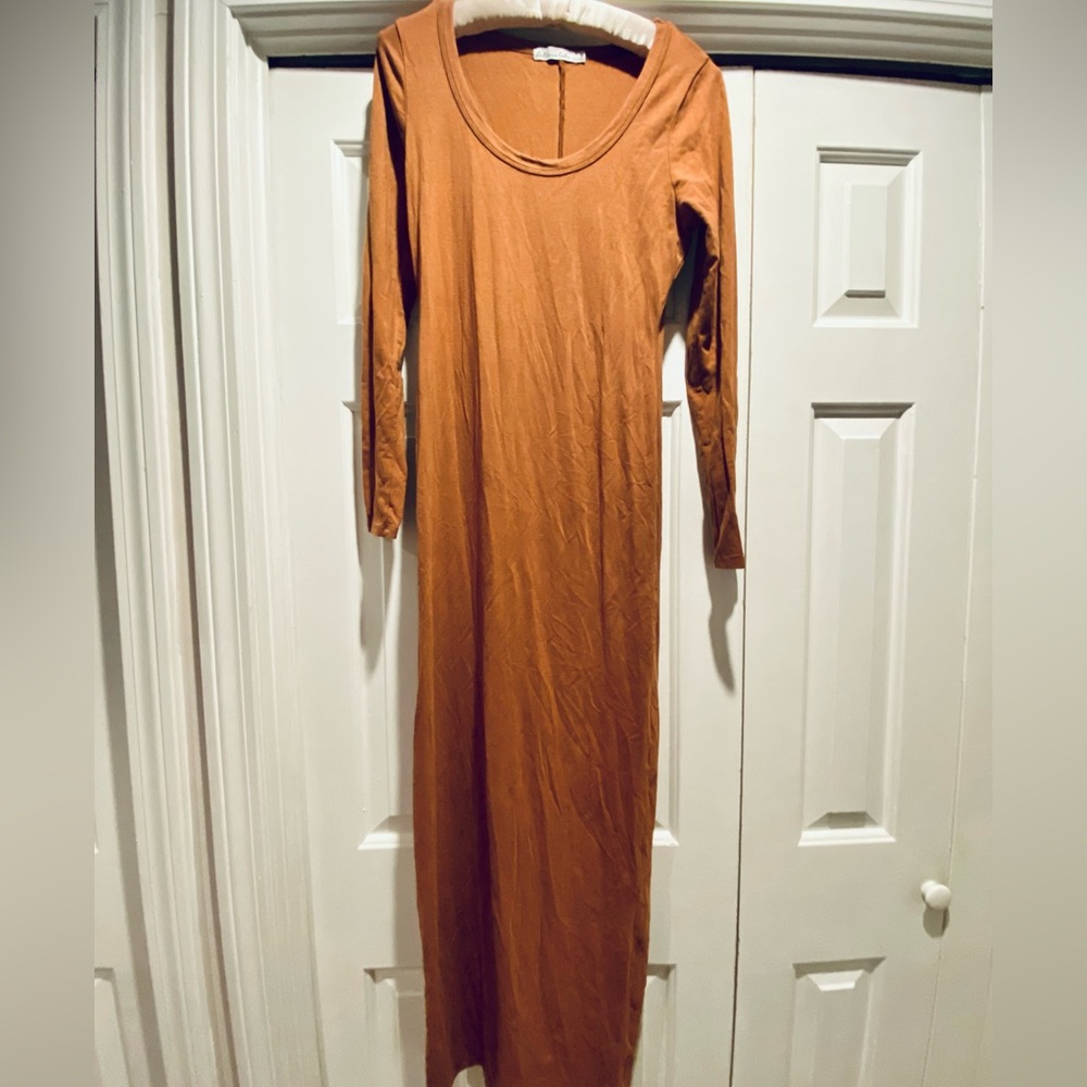 Copper rust toned fall perfect , bodycon maxi dress size S